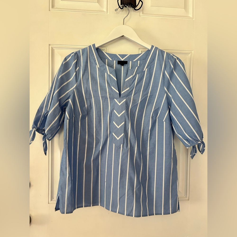 Talbots Sky Blue and White Striped Blouse with Bow Sleeves